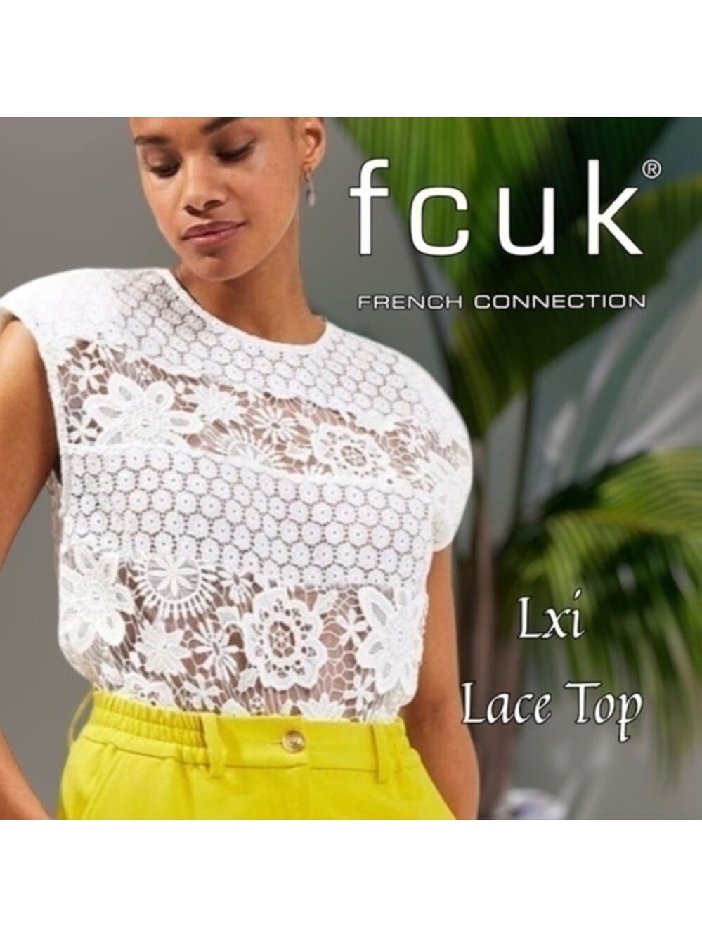 FRENCH CONNECTION White All Over LACE Semi Sheer Short Cap Sleeve Top-LG/NWT